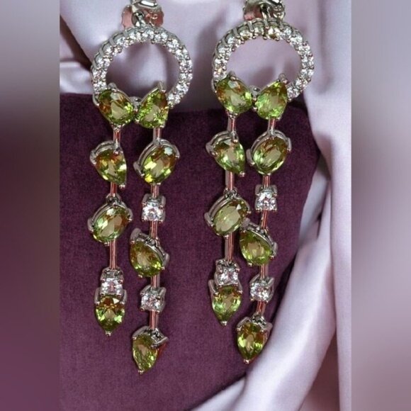 925 Sterling Silver Earrings 5cm with Natural Peridot Gem & CZ - Picture 8 of 8